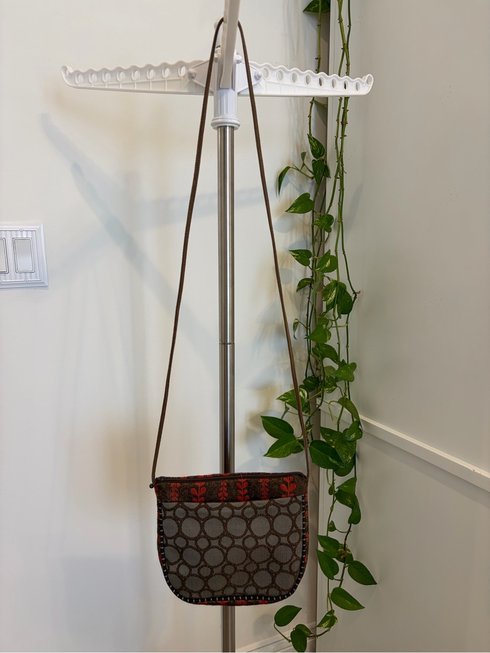 Brown Patterned Crossbody Bag with Red Accent Trim